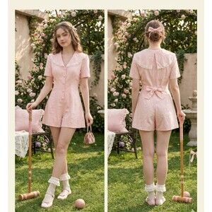 VTG Young Edwardian Cottagecore Pink Romper | Back Bow |  Shorts | Playsuit Sz 7